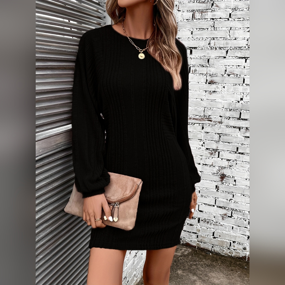 Womens Black Ribbed Round Neck Long Sleeve Dress